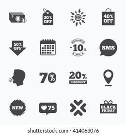 Calendar, go to web and like counter. Sale discounts icon. Shopping, black friday and cash money signs. 10, 20, 50 and 70 percent off. Special offer symbols. Sms speech bubble, talk symbols.