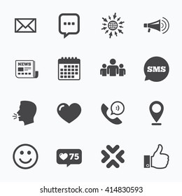 Calendar, go to web and like counter. Mail, news icons. Conference, like and group signs. E-mail, chat message and phone call symbols. Sms speech bubble, talk symbols.