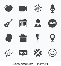 Calendar, go to web and like counter. Party celebration, birthday icons. Carnival, guitar and champagne glass signs. Gift box, music and video camera symbols. Sms speech bubble, talk symbols.