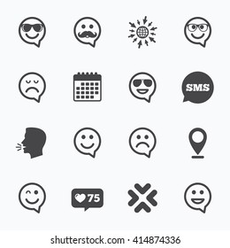 Calendar, go to web and like counter. Smile speech bubbles icons. Happy, sad and wink faces signs. Sunglasses, mustache and laughing lol smiley symbols. Sms speech bubble, talk symbols.