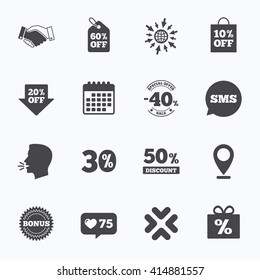 Calendar, go to web and like counter. Sale discounts icon. Shopping, handshake and bonus signs. 20, 30, 40 and 50 percent off. Special offer symbols. Sms speech bubble, talk symbols.