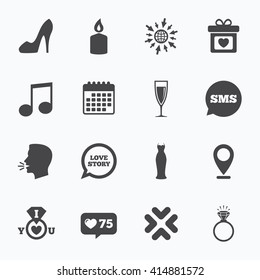 Calendar, go to web and like counter. Wedding, engagement icons. Ring with diamond, gift box and music signs. Dress, shoes and champagne glass symbols. Sms speech bubble, talk symbols.