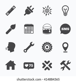 Calendar, go to web and like counter. Repair, construction icons. Hammer, wrench tool and cogwheel signs. Electric plug, lamp and house symbols. Sms speech bubble, talk symbols.