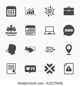Calendar, go to web and like counter. Office, documents and business icons. Human resources, handshake and download signs. Chart, laptop and calendar symbols. Sms speech bubble, talk symbols.