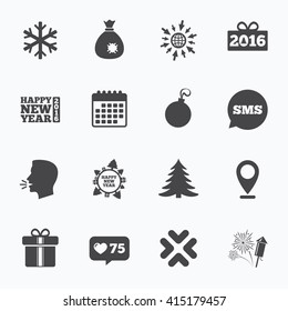 Calendar, go to web and like counter. Christmas, new year icons. Gift box, fireworks and snowflake signs. Santa bag, salut and decoration ball symbols. Sms speech bubble, talk symbols.