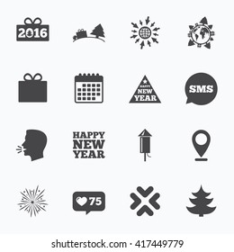 Calendar, go to web and like counter. Christmas, new year icons. Gift box, fireworks signs. Santa bag, salut and rocket symbols. Sms speech bubble, talk symbols.