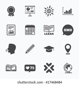 Calendar, go to web and like counter. Education and study icon. Presentation signs. Report, analysis and award medal symbols. Sms speech bubble, talk symbols.