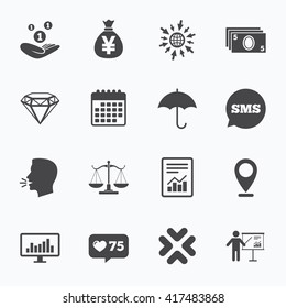 Calendar, go to web and like counter. Money, cash and finance icons. Money savings, justice scales and report signs. Presentation, analysis and umbrella symbols. Sms speech bubble, talk symbols.