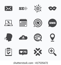 Calendar, go to web and like counter. Internet, seo icons. Checklist, target and mail signs. Mask, download cloud and magnifier symbols. Sms speech bubble, talk symbols.
