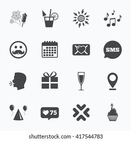 Calendar, go to web and like counter. Party celebration, birthday icons. Musical notes, air balloon and champagne glass signs. Gift box, fireworks and cocktail symbols. Sms speech bubble, talk symbols