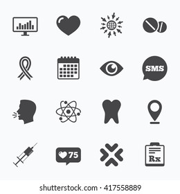 Calendar, go to web and like counter. Medicine, medical health and diagnosis icons. Syringe injection, heart and pills signs. Tooth, awareness ribbon symbols. Sms speech bubble, talk symbols.