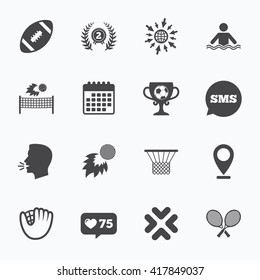 Calendar, go to web and like counter. Sport games, fitness icons. Football, golf and baseball signs. Swimming, rugby and winner medal symbols. Sms speech bubble, talk symbols.