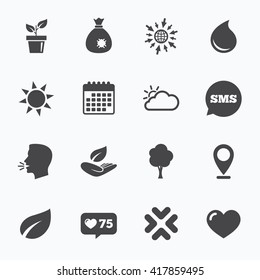 Calendar, go to web and like counter. Garden sprout, leaf icons. Nature and weather signs. Sun, cloud and tree symbols. Sms speech bubble, talk symbols.
