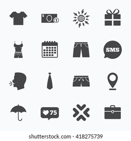 Calendar, go to web and like counter. Clothing, accessories icons. T-shirt, business case signs. Umbrella and gift box symbols. Sms speech bubble, talk symbols.