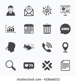 Calendar, go to web and like counter. Office, documents and business icons. Businessman, handshake and call signs. Chart, presentation and mail symbols. Sms speech bubble, talk symbols.
