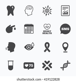Calendar, go to web and like counter. Medicine, medical health and diagnosis icons. Blood test, dna and neurology signs. Tooth, report symbols. Sms speech bubble, talk symbols.