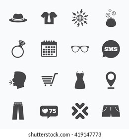 Calendar, go to web and like counter. Clothes, accessories icons. Shirt, glasses and hat signs. Wallet with cash coins symbols. Sms speech bubble, talk symbols.