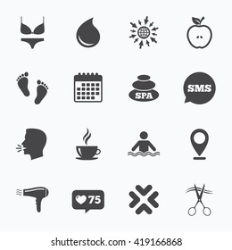 Calendar, go to web and like counter. Spa, hairdressing icons. Swimming pool sign. Lingerie, scissors and hairdryer symbols. Sms speech bubble, talk symbols.