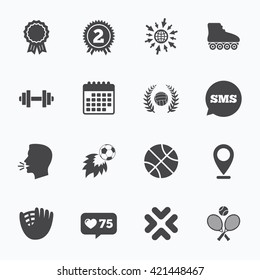 Calendar, go to web and like counter. Sport games, fitness icons. Football, basketball and volleyball signs. Dumbbell, baseball and winner award symbols. Sms speech bubble, talk symbols.