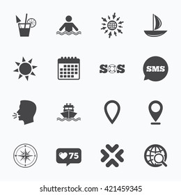 Calendar, go to web and like counter. Cruise trip, ship and yacht icons. Travel, cocktail and sun signs. Sos, windrose compass and swimming symbols. Sms speech bubble, talk symbols.