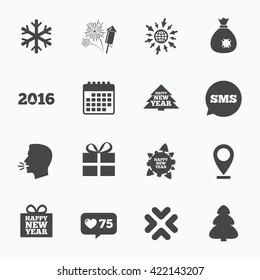 Calendar, go to web and like counter. Christmas, new year icons. Gift box, fireworks and snowflake signs. Santa bag, salut and rocket symbols. Sms speech bubble, talk symbols.