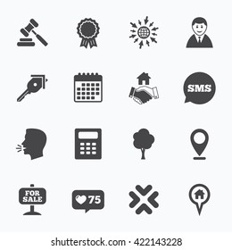 Calendar, go to web and like counter. Real estate, auction icons. Handshake, for sale and calculator signs. Key, tree and award medal symbols. Sms speech bubble, talk symbols.