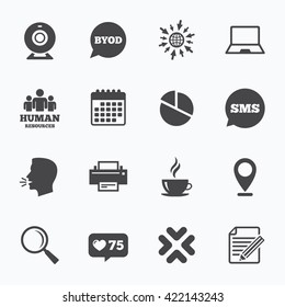 Calendar, go to web and like counter. Office, documents and business icons. Pie chart, byod and printer signs. Report, magnifier and web camera symbols. Sms speech bubble, talk symbols.