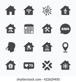 Calendar, go to web and like counter. Real estate icons. Home insurance, maternity hospital and wifi internet signs. Restaurant, service and air conditioning symbols. Sms speech bubble, talk symbols.