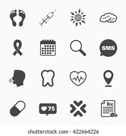 Calendar, go to web and like counter. Medicine, medical health and diagnosis icons. Syringe injection, heartbeat and pills signs. Tooth, neurology symbols. Sms speech bubble, talk symbols.