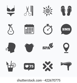 Calendar, go to web and like counter. Hairdresser, spa icons. Diet cocktail sign. Lingerie, scissors and hairdryer symbols. Sms speech bubble, talk symbols.