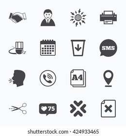 Calendar, go to web and like counter. Office, documents and business icons. Printer, handshake and phone signs. Boss, recycle bin and eraser symbols. Sms speech bubble, talk symbols.