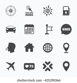 Calendar, go to web and like counter. Navigation, gps icons. Windrose, compass and map pointer signs. Car, airplane and flag symbols. Sms speech bubble, talk symbols.