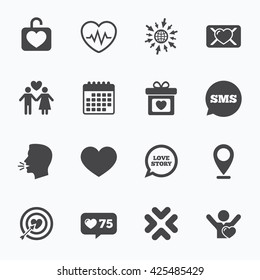 Calendar, go to web and like counter. Love, valentine day icons. Target with heart, oath letter and locker symbols. Couple lovers, heartbeat signs. Sms speech bubble, talk symbols.