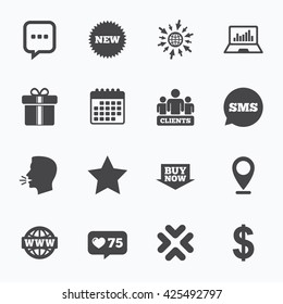 Calendar, go to web and like counter. Online shopping, e-commerce and business icons. Gift box, chat message and star signs. Chart, dollar and clients symbols. Sms speech bubble, talk symbols.