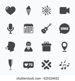 Calendar, go to web and like counter. Party celebration, birthday icons. Carnival, guitar and champagne glass signs. Gift box, ice cream and love symbols. Sms speech bubble, talk symbols.