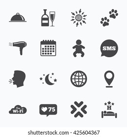 Calendar, go to web and like counter. Hotel, apartment service icons. Restaurant sign. Alcohol drinks, wi-fi internet and sleep symbols. Sms speech bubble, talk symbols.