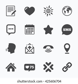 Calendar, go to web and like counter. Mail, contact icons. Favorite, like and internet signs. E-mail, chat message and phone call symbols. Sms speech bubble, talk symbols.