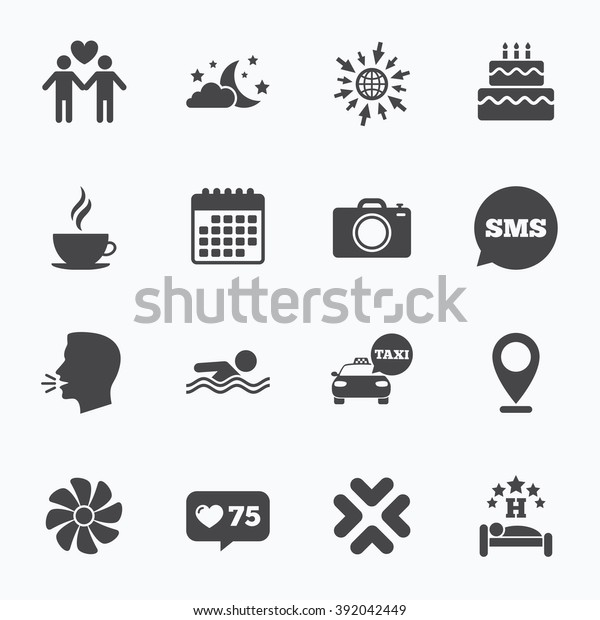Calendar, go to\
web and like counter. Hotel, apartment service icons. Swimming\
pool. Ventilation, birthday party and gay-friendly symbols. Sms\
speech bubble, talk\
symbols.