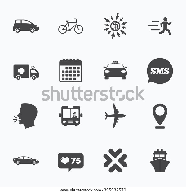 Calendar, go to web and like\
counter. Transport icons. Car, bike, bus and taxi signs. Shipping\
delivery, ambulance symbols. Sms speech bubble, talk\
symbols.