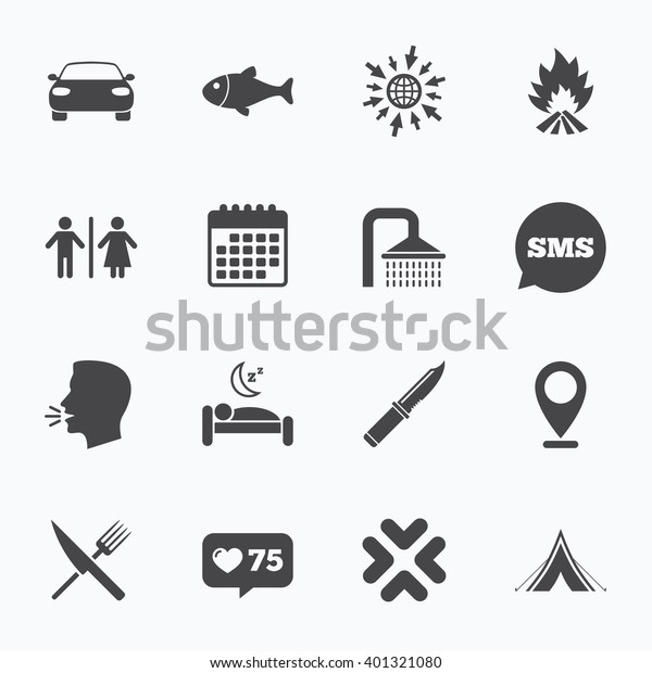 Calendar, go to web and like\
counter. Hiking travel icons. Camping, shower and wc toilet signs.\
Tourist tent, fork and knife symbols. Sms speech bubble, talk\
symbols.