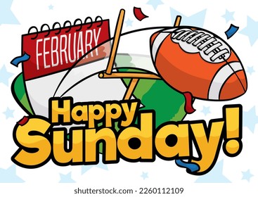 Calendar with goalpost and gridiron football ball scoring a goal under confetti shower, promoting a Happy Sunday of the American Big Game.