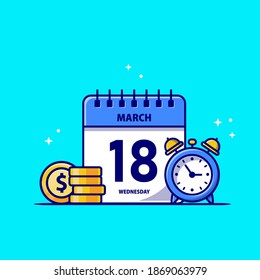 Calendar, Gold Coin And Clock Cartoon Vector Icon Illustration. Business Finance Icon Concept Isolated Premium Vector. Flat Cartoon Style