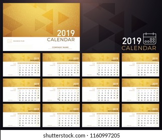 Calendar Golden Planner 2019 year. Calendar plan simple minimal wall and desk type calendar template. Week starts from sunday