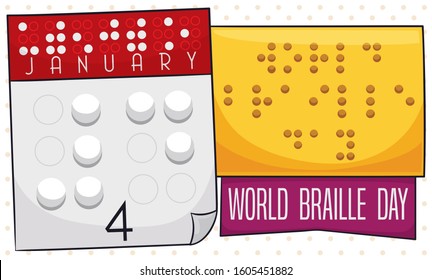Calendar and golden sign with dual writing: braille code and roman letters, promoting to support and solidarity during World Braille Day this 4th January.