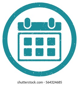 Calendar grainy textured icon inside circle for overlay watermark stamps. Flat symbol with dust texture. Circled dotted vector soft blue ink rubber seal stamp with grunge design on a white background.