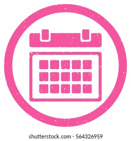 Calendar grainy textured icon inside circle for overlay watermark stamps. Flat symbol with scratched texture. Circled dotted vector pink ink rubber seal stamp with grunge design on a white background.