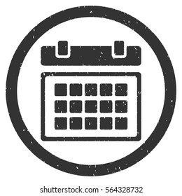 Calendar grainy textured icon inside circle for overlay watermark stamps. Flat symbol with dirty texture. Circled dotted vector gray ink rubber seal stamp with grunge design on a white background.