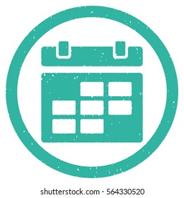 Calendar grainy textured icon inside circle for overlay watermark stamps. Flat symbol with dirty texture. Circled dotted vector cyan ink rubber seal stamp with grunge design on a white background.