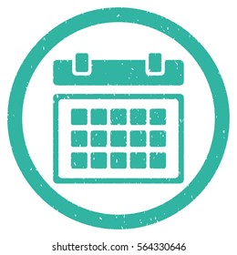 Calendar grainy textured icon inside circle for overlay watermark stamps. Flat symbol with scratched texture. Circled dotted vector cyan ink rubber seal stamp with grunge design on a white background.
