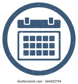 Calendar grainy textured icon inside circle for overlay watermark stamps. Flat symbol with unclean texture. Circled dotted vector blue ink rubber seal stamp with grunge design on a white background.